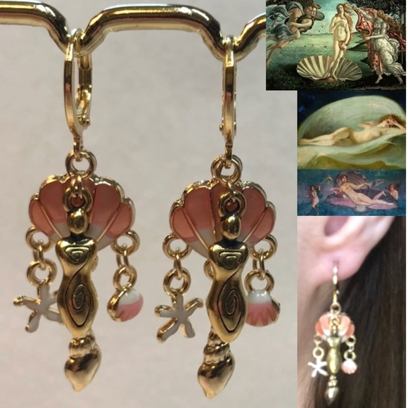 Hand Crafted Jewelry - “Birth of Venus" Aphrodite Greek Mythology Goddess Handmade Earrings Seashell